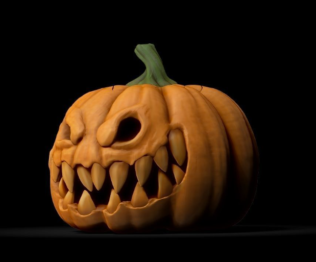 Nightmarish skull pumpkin sculpture
